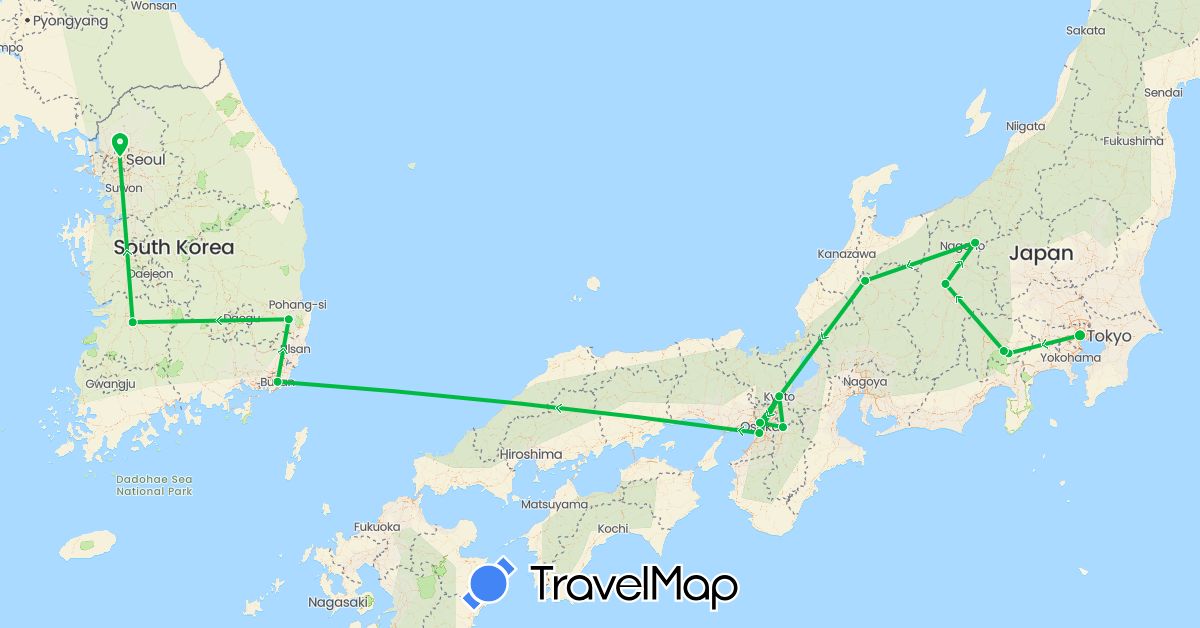 TravelMap itinerary: driving, bus in Japan, South Korea (Asia)